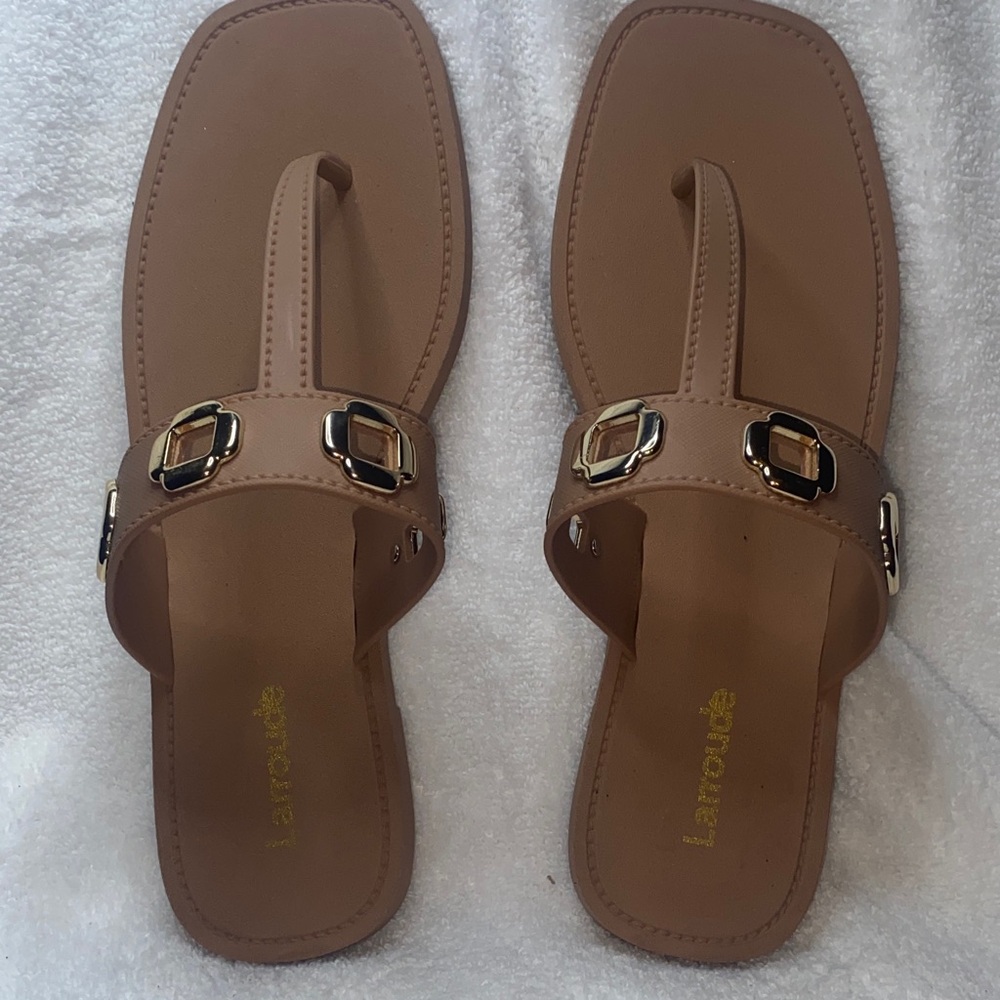 Larroude Tan Thong Sandals with Gold Buckle Accents